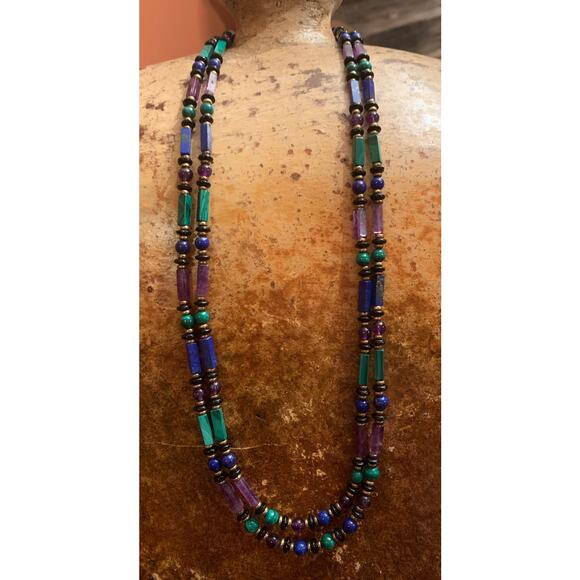 14K Gold and Multi Stone Double Strand Necklace (read full description) - Picture 1 of 5